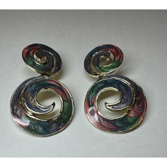 Vintage 80s Enamel Swirl Statement Earrings Gold Tone Dangle Pierced Bold‎ - Picture 3 of 8